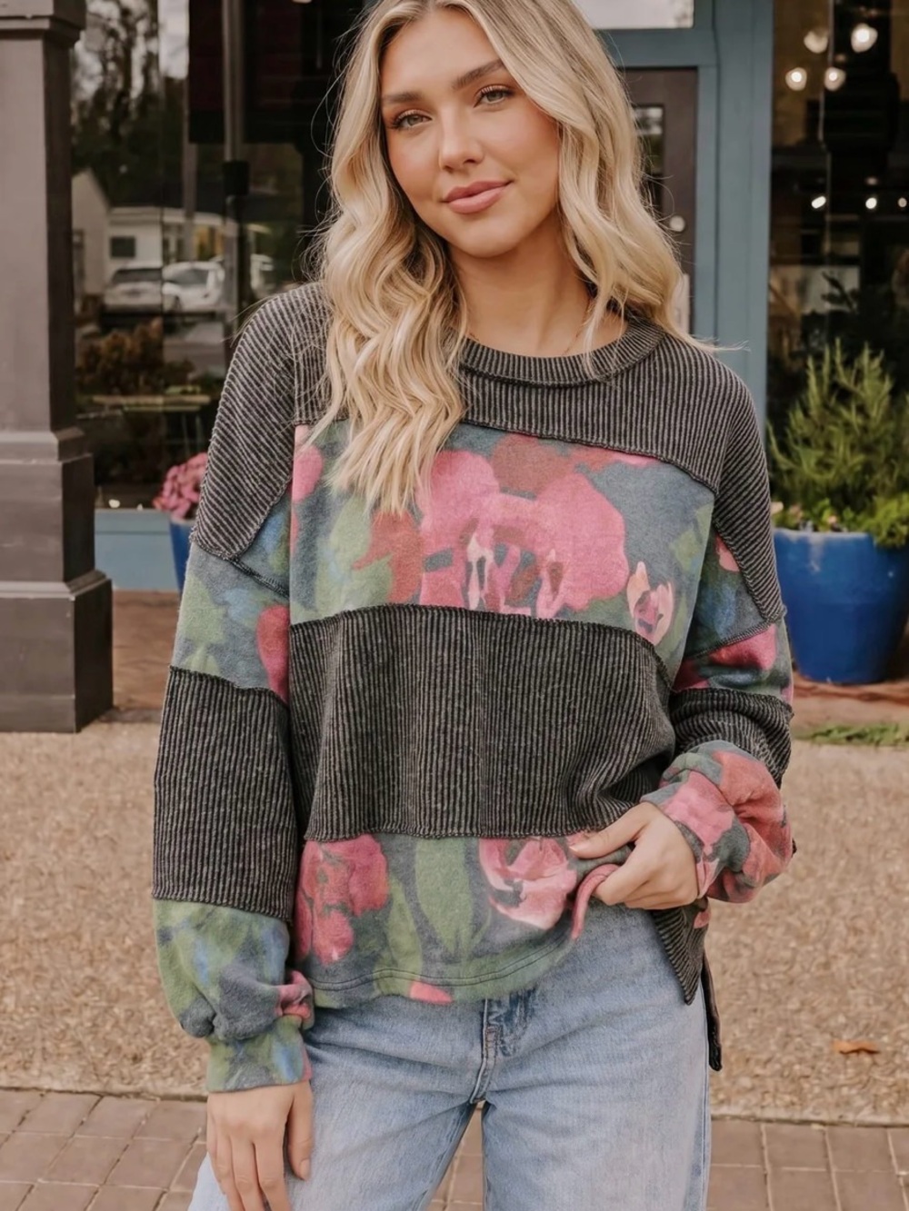 bloom Floral Stripe Ribbed Pullover - Gray & Pink